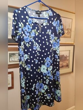 A.G.B.Navy Blue Polka Dot & Blue Floral Dress